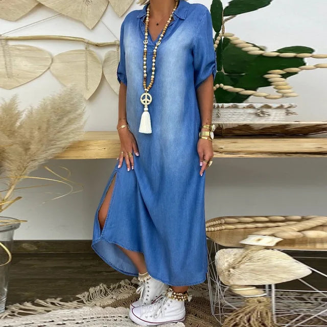 Long Denim-Style Dress with Side Slit
