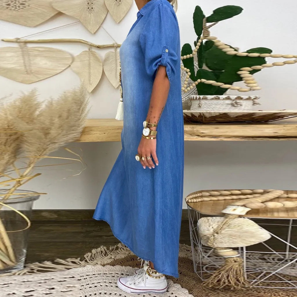 Long Denim-Style Dress with Side Slit