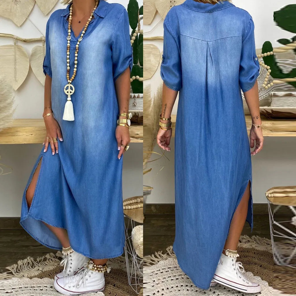 Long Denim-Style Dress with Side Slit