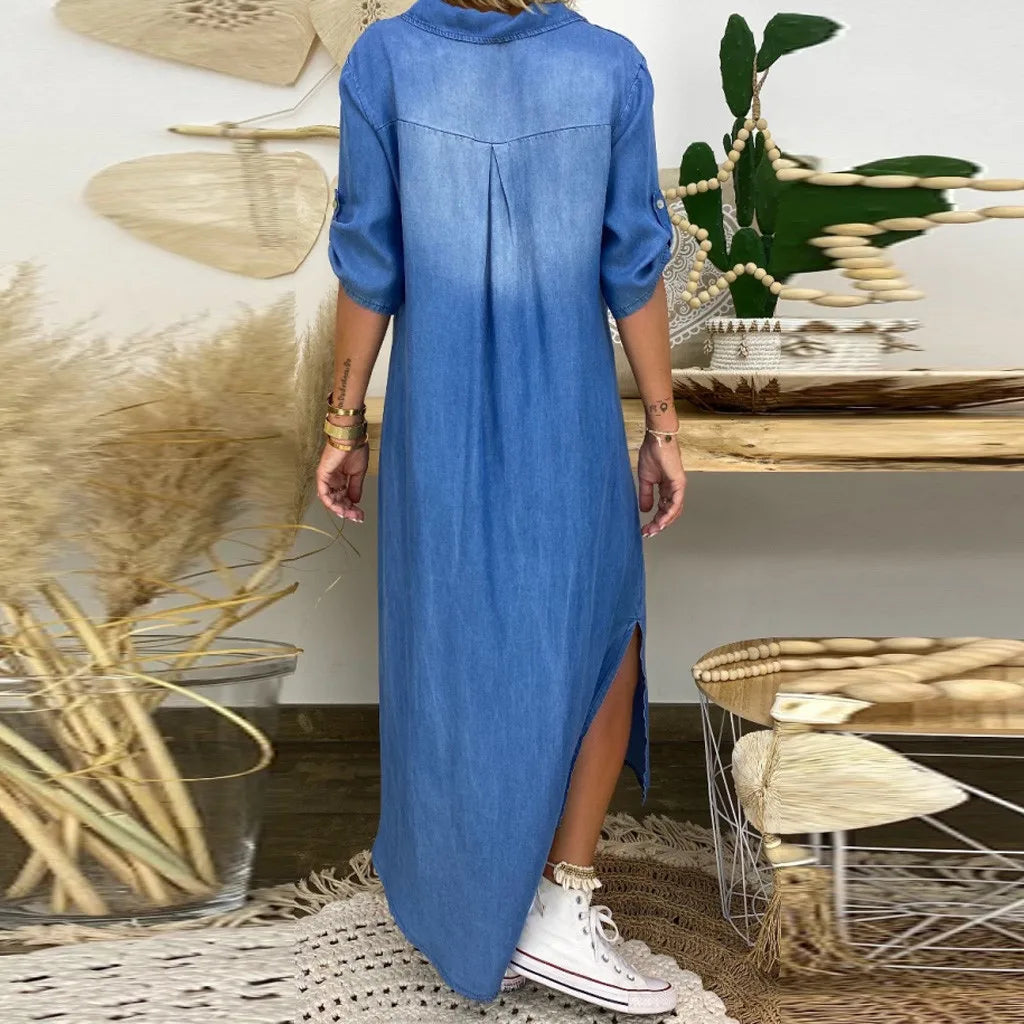 Long Denim-Style Dress with Side Slit