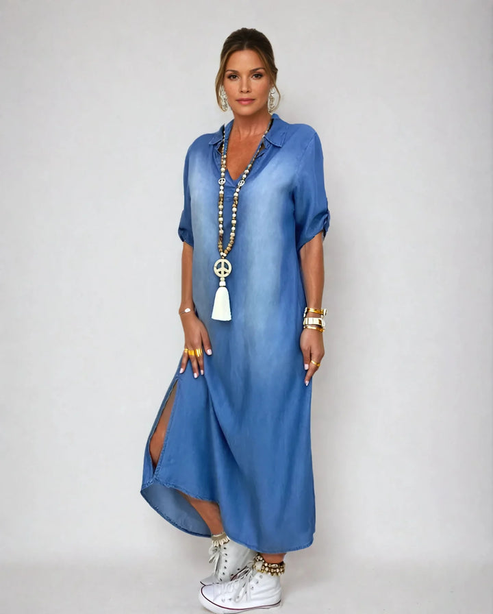 Long Denim-Style Dress with Side Slit