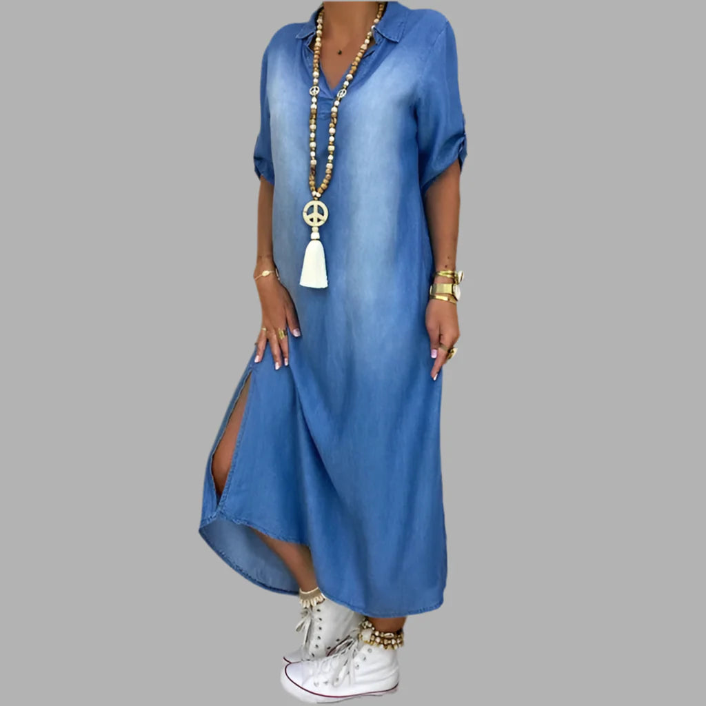 Long Denim-Style Dress with Side Slit