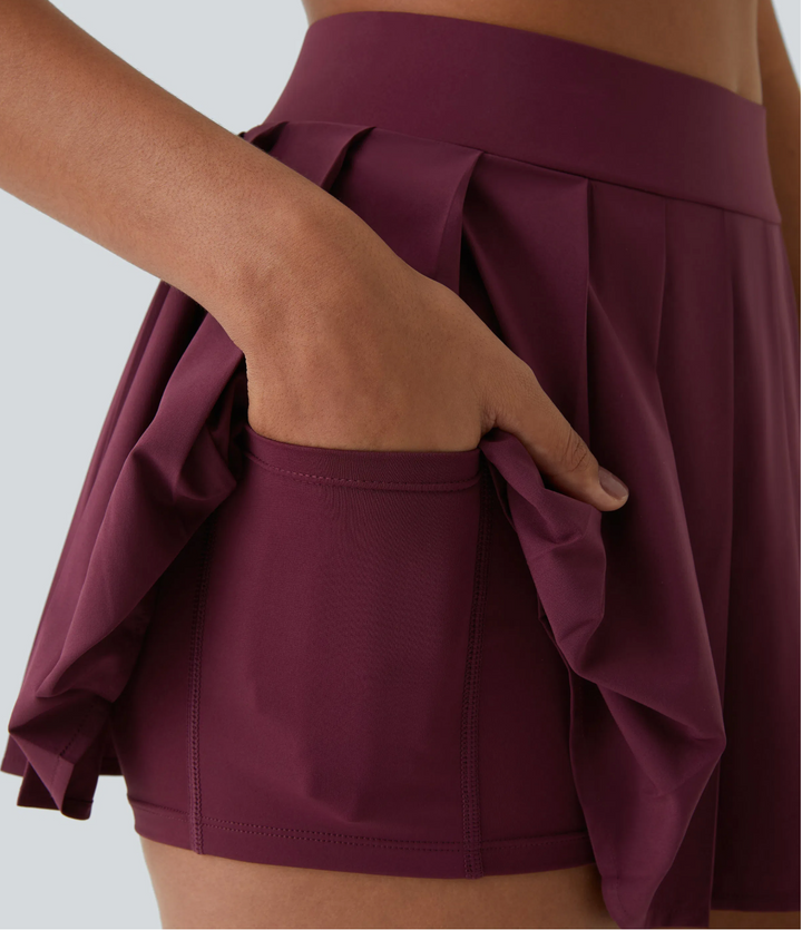 Breezeful™ High Waisted Pleated 2-in-1 Side & Back Pocket Asymmetric Hem Quick Dry Mini Dance Skirt